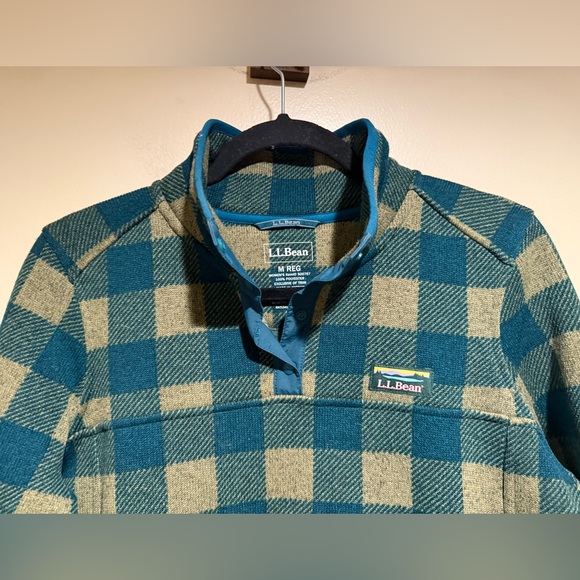 L.L.Bean green tan Buffalo Check Sweater Fleece Pullover Snap Collar - Picture 4 of 6